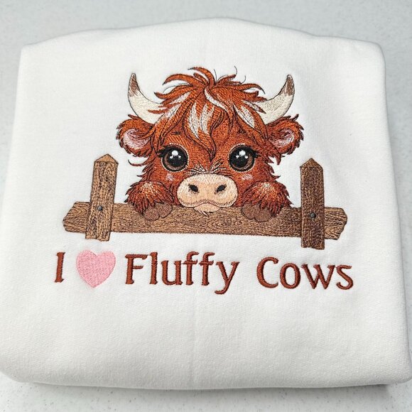 Highland Cow HOODIE Embroidered Adult Unisex Hooded Sweatshirt I Love Fluffy Cow - Picture 1 of 4